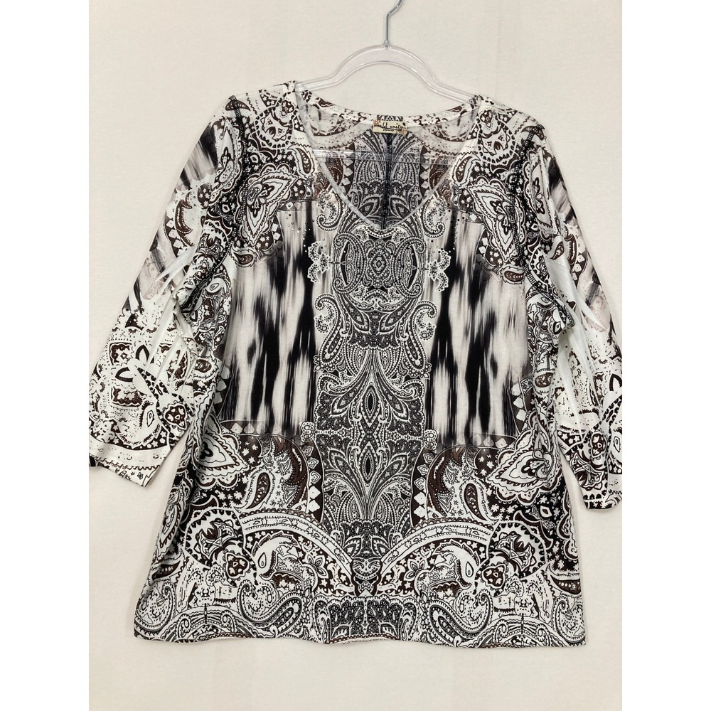 World Unity Top XL Brown White Paisley Ikat V-Neck Rhinestone 3/4 Sleeve Boho